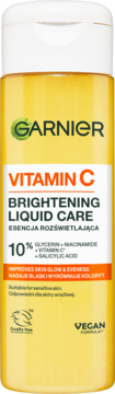 Garnier Vitamin C Brightening Liquid Care, żółta butelka, widok frontalny. Esencja rozświetlająca z witaminą C.