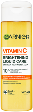 Garnier Vitamin C Brightening Liquid Care, żółta butelka, esencja rozświetlająca do skóry wrażliwej, widok z przodu.
