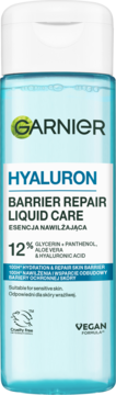 Garnier Hyaluron Barrier Repair Liquid Care, esencja nawilżająca z kwasem hialuronowym, błękitna butelka, widok z przodu.
