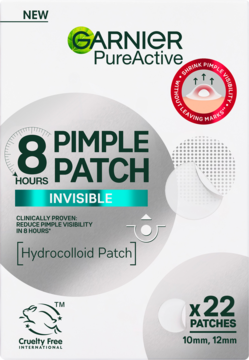 Garnier PureActive 8 Pimple Patch, białe pudełko, 22 niewidoczne plastry hydrokoloidowe 10/12mm, widok z przodu.