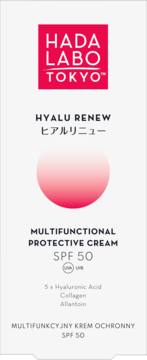 Białe opakowanie Hada Labo Tokyo Hyalu Renew, krem ochronny SPF 50, z różowym logo i gradientem, widok z przodu.