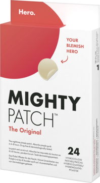 Biało-czerwone pudełko Mighty Patch Original, 24 hydrokoloidowe plastry na wypryski, z jednym odklejonym na froncie.