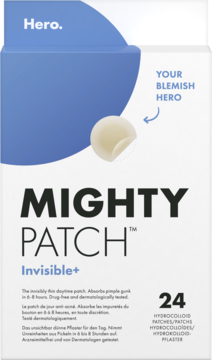 Opakowanie Hero Mighty Patch Invisible+, biało-niebieskie, z widocznym plastrem hydrokoloidowym i liczbą 24. Widok z przodu.