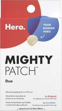 Czerwono-białe opakowanie Hero Mighty Patch Duo, plastry na wypryski. Beżowy plaster, 6x Original i 6x Invisible+.