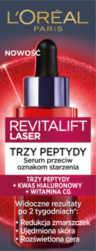 L'Oréal Revitalift Laser Serum Trzy Peptydy, przeciw oznakom starzenia, butelka z pipetą na czerwono-czarnym tle.
