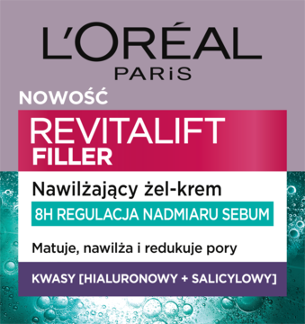 L'Oréal Revitalift Filler nawilżający żel-krem, etykieta z kwasami hialuronowym i salicylowym, fioletowe tło.