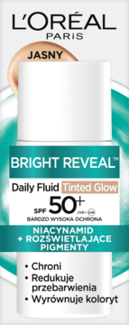 L'Oréal Paris Bright Reveal Daily Fluid Tinted Glow, jasny odcień, SPF 50+, niacynamid. Widok z przodu.