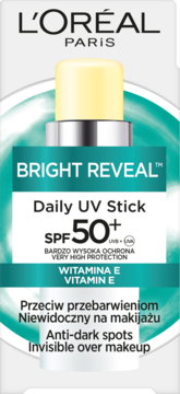 L'Oréal Paris Bright Reveal Daily UV Stick SPF 50+ z witaminą E. Sztyft przeciwsłoneczny, turkusowe opakowanie.