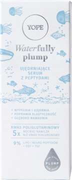 Yope Waterfully plump ujędrniające serum, białe opakowanie z morskim wzorem i peptydami, widok z przodu.