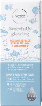 Przednie opakowanie Yope Waterfully Glowing, rozświetlające serum na noc z wit. C i kwasem poliglutaminowym, biało-niebieskie.