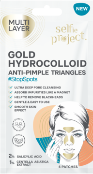 Selfie Project Gold hydrocolloid anti-pimple triangles, 4 patches. White sachet, front view.