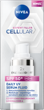 NIVEA Cellular Expert Filler Daily UV Serum Fluid SPF50+ z kwasem hialuronowym w białym opakowaniu, widok z przodu.