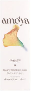 Amo'ya Suchy olejek do ciała Energia, białe opakowanie z liściem ginkgo i nutami zielonych cytrusów i pieprzu.