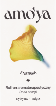 Biała etykieta Amo'ya Energia roll-on aromaterapeutyczny cytrusowo-miętowy, z żółto-zielonym liściem miłorzębu.