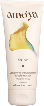 Biała tubka serum Amo'ya Energia do ciała z kolorową grafiką wachlarza, widok z przodu. Nuty: cytrusy, pieprz.
