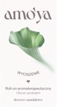 Grafika opakowania Roll-onu aromaterapeutycznego Amo'ya Wyciszenie. Zielony liść, napis drzewo sandałowe.