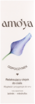 Amo'ya Relaksujący olejek do ciała Odpoczynek, biała butelka z niebieskim kwiatem i napisem jaśmin mirabelka.
