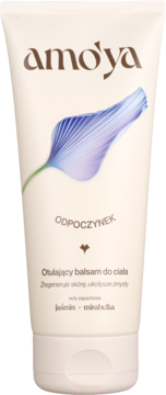 Amo'ya Otulający balsam do ciała Odpoczynek, beżowa tubka z niebieskim motywem kwiatowym, zapach jaśmin mirabelka.