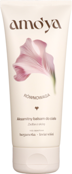 Balsam Amo'ya Równowaga w jasnobeżowej tubce, z eleganckim różowym kwiatem, o zapachu bergamotki i wiśni.