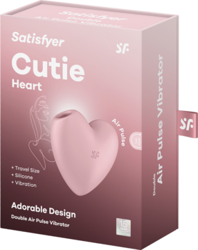 Różowy wibrator Satisfyer Cutie Heart i jego pudełko, widok pod kątem. Podwójny wibrator Air Pulse.