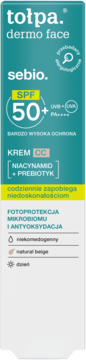 Tołpa Dermo Face Sebio KREM CC SPF 50+, Niacynamid + Prebiotyk, natural beige, zielono-białe opakowanie.