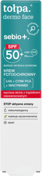Tołpa Dermo Face Sebio+ krem fotoochronny SPF 50+ w tealowym opakowaniu. Z przodu, dla skóry trądzikowej.