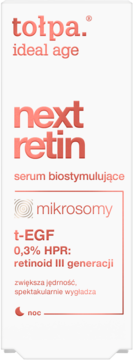 Białe serum Tołpa Ideal Age Next Retin w prostokątnym opakowaniu. Biostymulujące, z retinoidem III generacji, na noc.