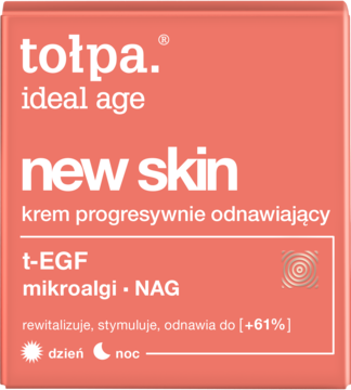 Tołpa Ideal Age New Skin, progresywnie odnawiający krem z t-EGF i mikroalgami. Różowe opakowanie, widok z przodu.