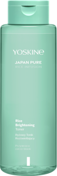 Miętowy tonik YOSKINE Japan Pure Rice Brightening, butelka z zieloną nakrętką, białe napisy, przód.