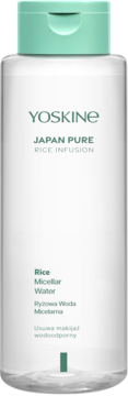 Yoskine Japan Pure Rice Infusion Ryżowa Woda Micelarna, biała butelka z zielonym flip-topem, widok z przodu.