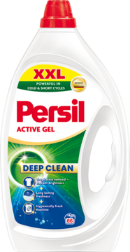 Persil żel do prania Active Gel Deep Clean XXL, biała butelka z czerwoną nakrętką, widok z przodu.
