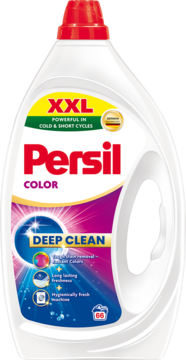 Żel do prania Persil Color XXL w białej butelce, czerwona zakrętka. Etykieta Deep Clean, skuteczny w zimnej wodzie, widok z przodu.