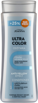Joanna Ultra Color odżywka anti-yellow do włosów blond, biała butelka z niebieską etykietą, widok z przodu.