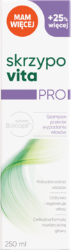 Szampon Skrzypovita PRO przeciw wypadaniu włosów, biała butelka +25% więcej, system Baicapil, widok z przodu.