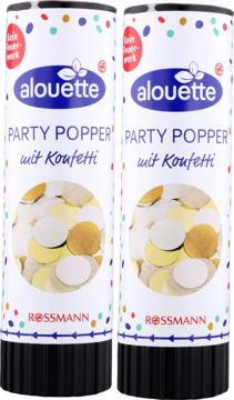 Dwa identyczne, białe Alouette Party Poppery z konfetti Rossmann. Widok z przodu, widoczne złote i białe krążki konfetti.