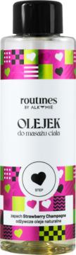 Routines by Alkmie Olejek do masażu ciała Strawberry Champagne, naturalne oleje, etykieta z sercami, widok z przodu.