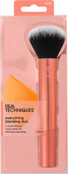 Zestaw Real Techniques Everything Blending Duo: pomarańczowa gąbka i pędzel do blendowania w przezroczystym opakowaniu.