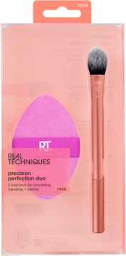 Real Techniques Precision Perfection Duo: różowa gąbka i pędzel do korektora w opakowaniu. Idealny do krycia i blendowania.