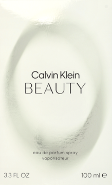 Białe pudełko perfum Calvin Klein Beauty, z czarnym napisem i owalnym, subtelnym wzorem, widok z przodu.
