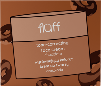 Brązowe opakowanie kremu Fluff tone-correcting chocolate z grafiką słoika i napisami, widok z przodu.