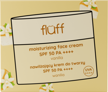 Fluff nawilżający krem do twarzy SPF 50 PA++++ wanilia, beżowy słoik, widok z przodu na delikatnym tle.