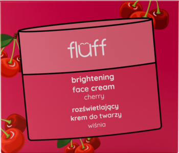 Różowy krem Fluff Brightening Face Cream Cherry w słoiku, widok z przodu na tle z wiśniami.