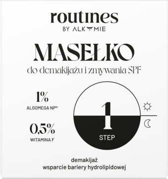 Biała etykieta masełka Routines by Alkmie, z napisem MASELKO, Algomega NP i Witaminą F, okrągła ikona '1 STEP'.