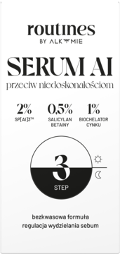 Biała butelka Routines by Alkmie SERUM AI na niedoskonałości, z 2% SP[AI]3, bezkwasowa formuła.