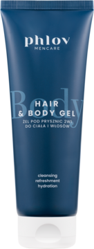 Phlov Mencare Hair & Body Gel 2w1 do ciała i włosów, ciemnoniebieska tuba z białym zamknięciem.