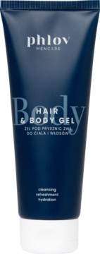 Phlov Mencare Hair & Body Gel 2w1 do ciała i włosów, ciemnoniebieska tubka z białą nakrętką, widok z przodu.