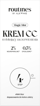 Pionowa etykieta kremu CC Routines by Alkmie redukującego zaczerwienienia, z Neurophroline, Epicalsome i efektem blur.