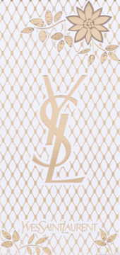 Złote logo YSL na białym tle z siatkowym wzorem i florystycznymi zdobieniami, dla zestawu YSL Beauty.