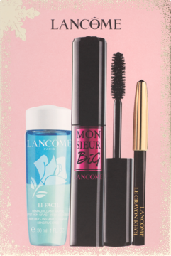 Zestaw Lancôme: błękitny płyn Bi-Facil, tusz Monsieur Big z otwartą szczoteczką i kredka Le Crayon Khôl.