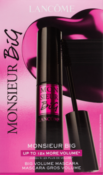 Lancôme Monsieur Big mascara w czarnym opakowaniu i różowo-czarnym pudełku, widok z przodu, obiecuje 12x objętości.